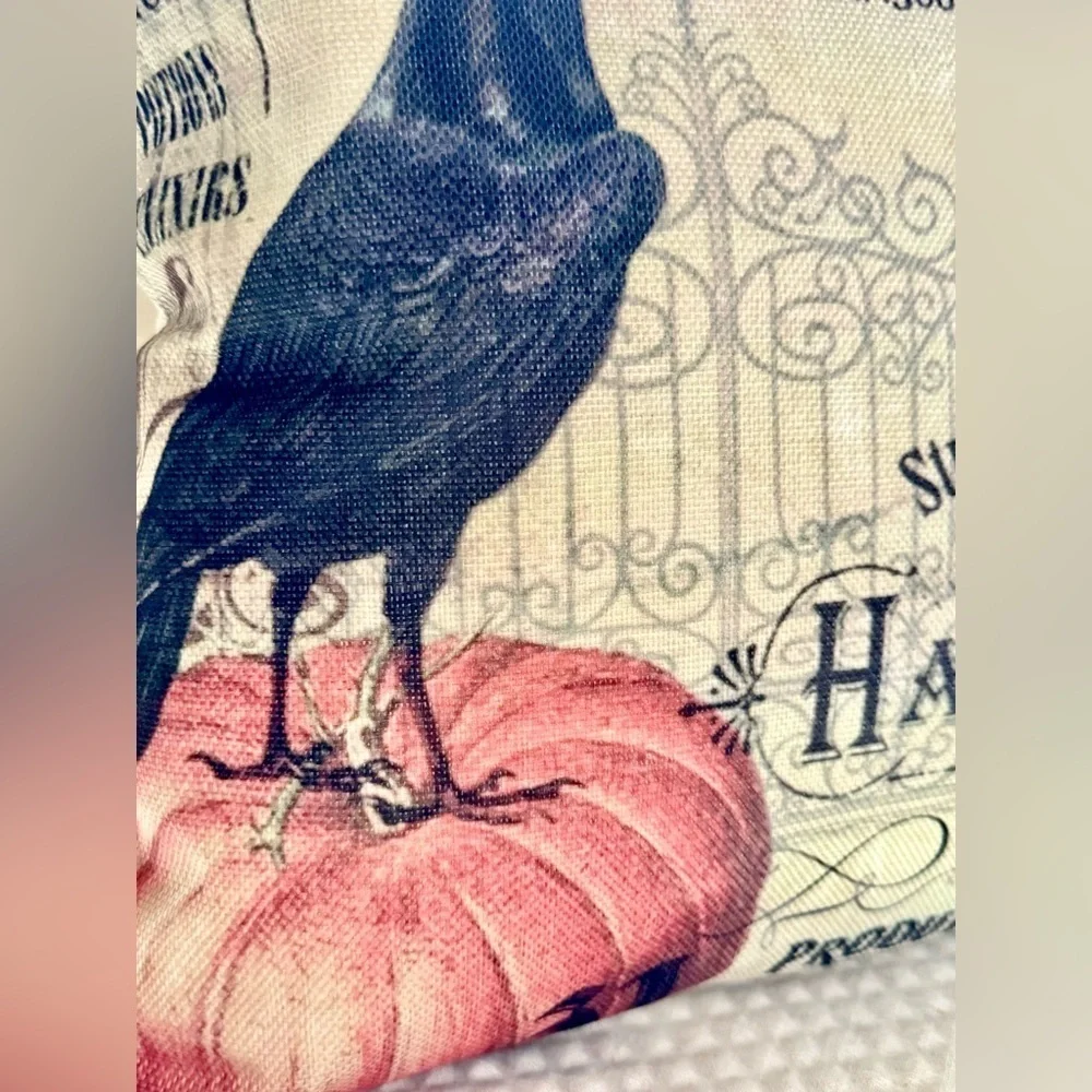 New Rustic Halloween Crow Raven Pumpkin Lantern Decorative Toss Pillow 17” x 17”